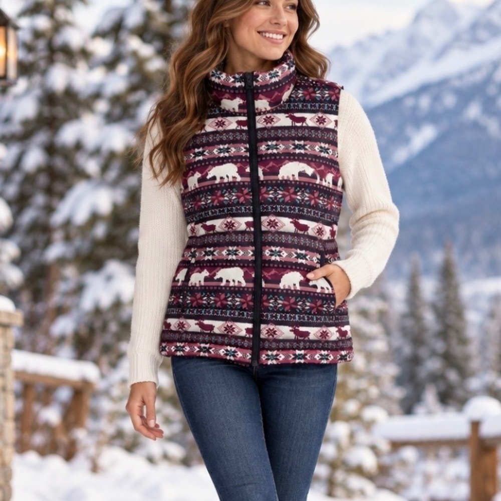 Lands End Winter Fair Isle Down Puffer Vest Size M 10-12 Polar Bear Elk Purple